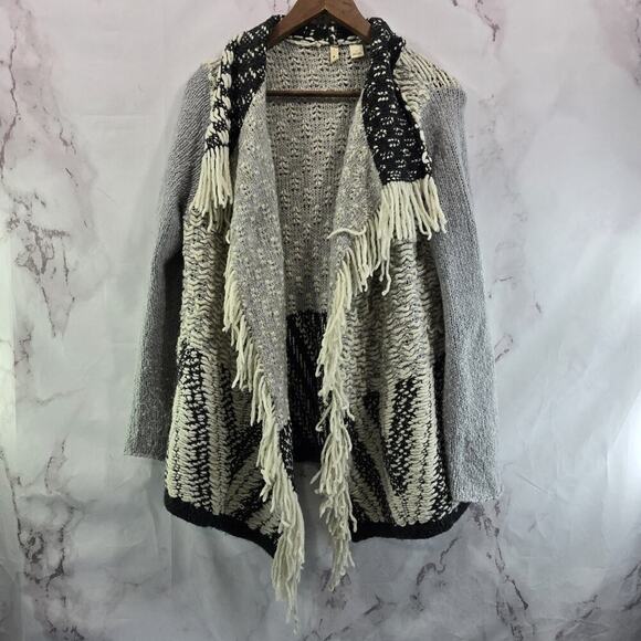 Moth Sweater Womens Small White Black Wool Cardigan Open Fringe Boho - Picture 1 of 12